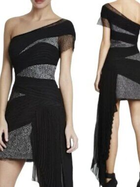 BCBG one shoulder runway pleated overlay dress